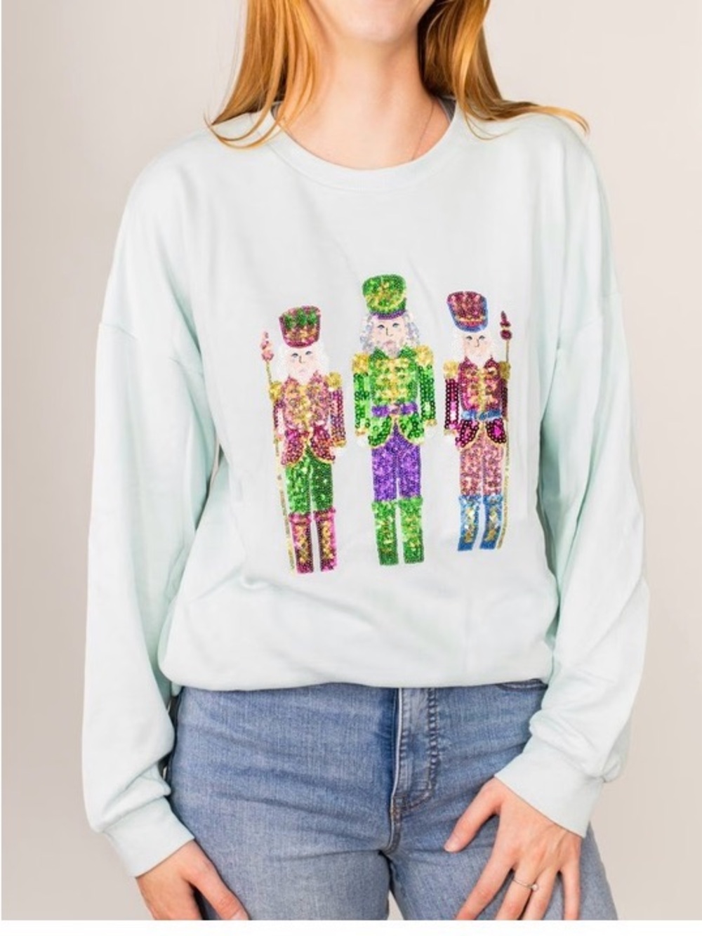 Sequin Nutcracker Crewneck Sweater in Light Mint